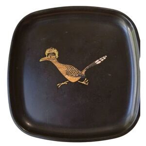 COUROC  tray Monterey CA Mid Century ROADRUNNER Inlaid Black Lacquer w/label 8 3